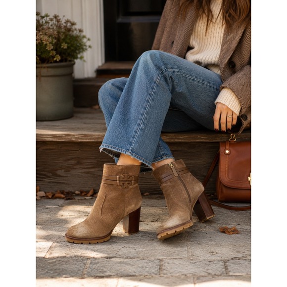 Tory Burch Shoes - Tory Burch Leigh Brown Suede Double T Logo Lug Sole Ankle Boots 8.5M